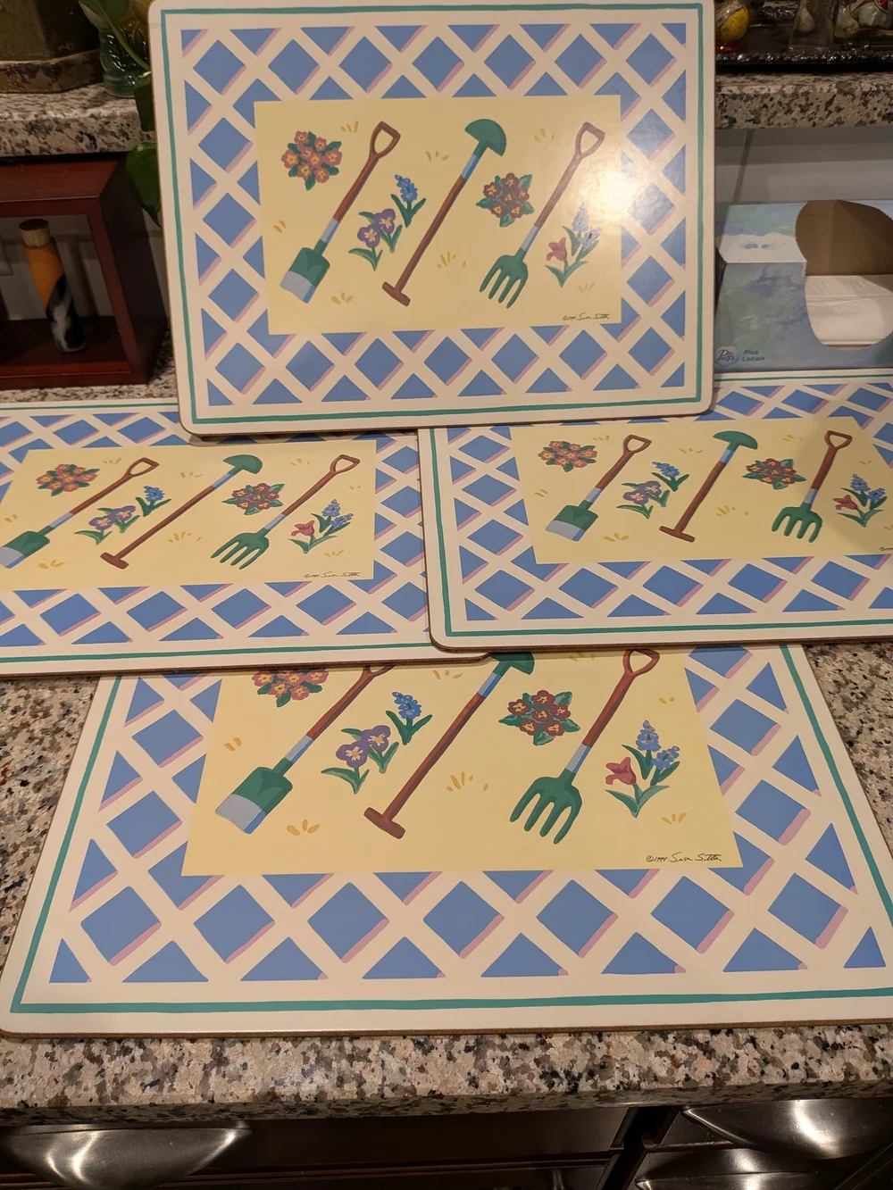 Garden Party By Susan Sittler Cork Backed Placemats - Blue & Yellow Set Of 4
